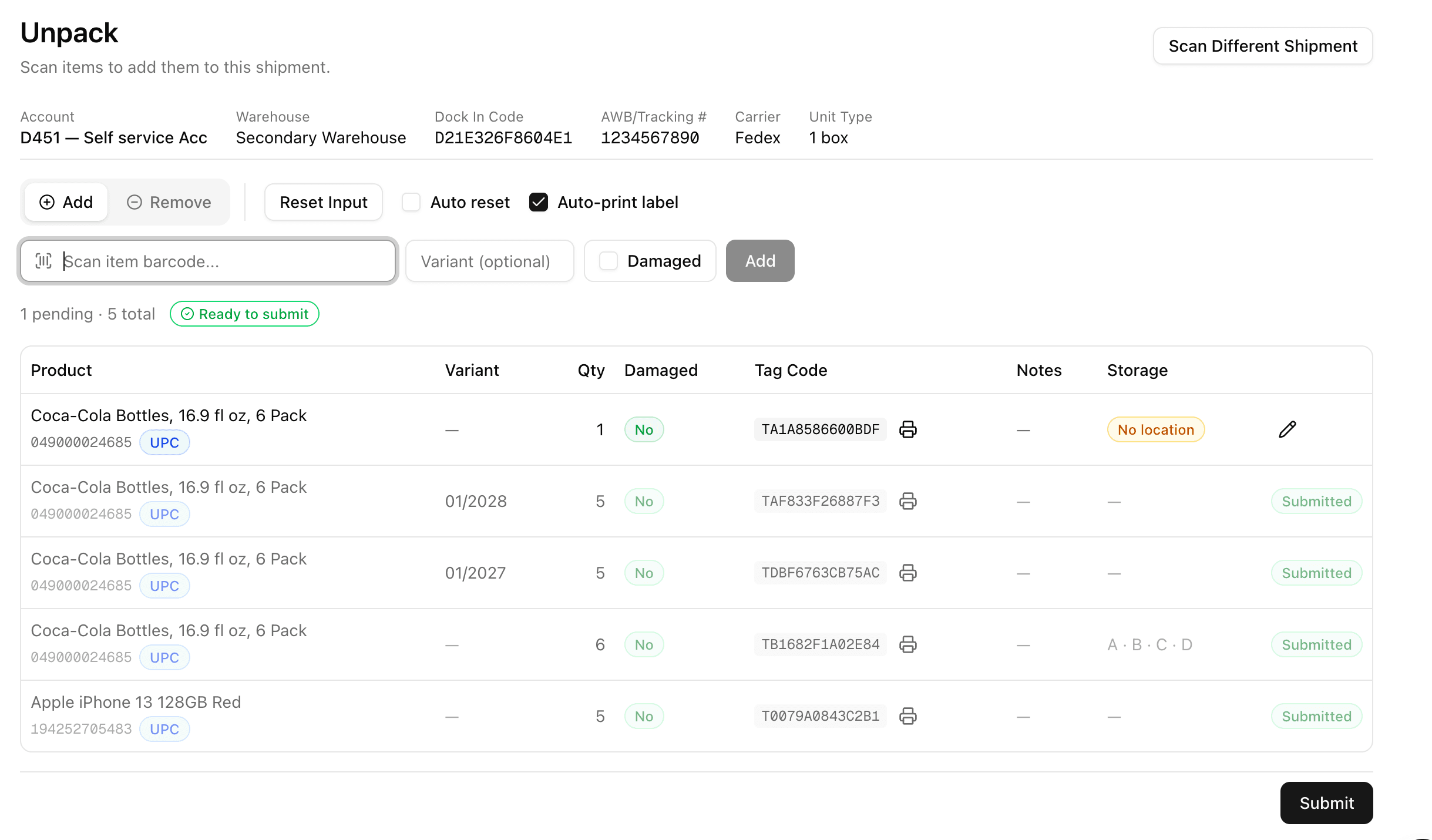 PrepCntr unpack screen — scanning items into an inbound shipment